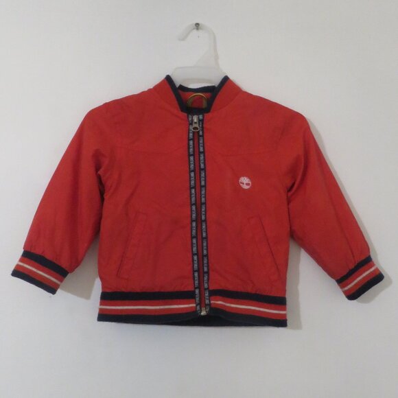 Timberland Red Zipped Bomber Jacket with Navy Trim and Attached Hood Insert - Picture 1 of 10